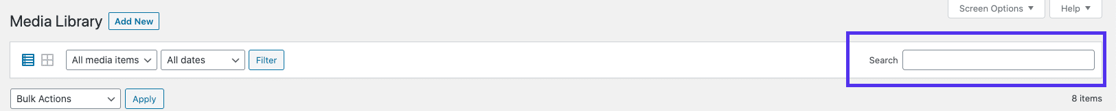 Zoekbalk van WordPress mediabibliotheek