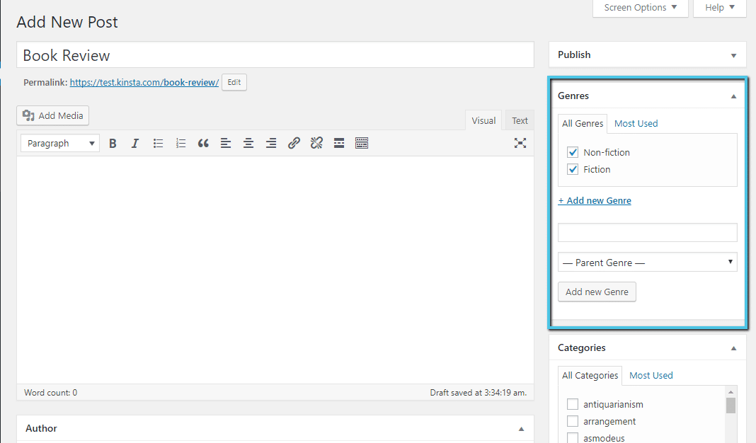 Como a taxonomia personalizada é exibida no back-end