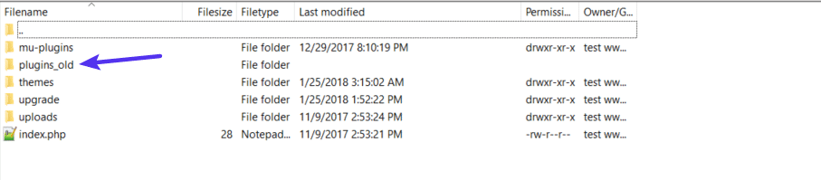 O que deverá ver depois de renomear a pasta de plugins