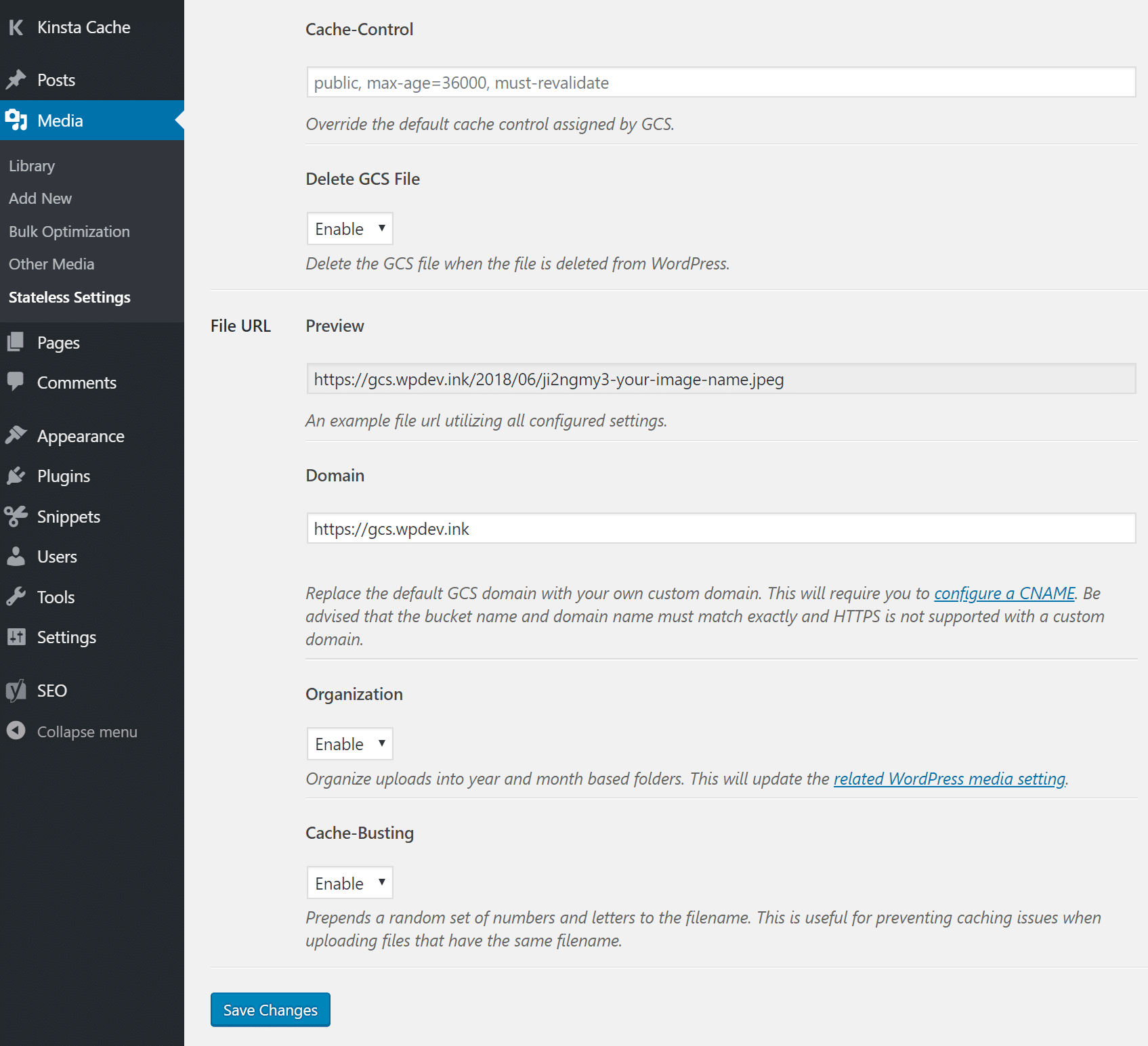 Configurações adicionais do WP-Stateless