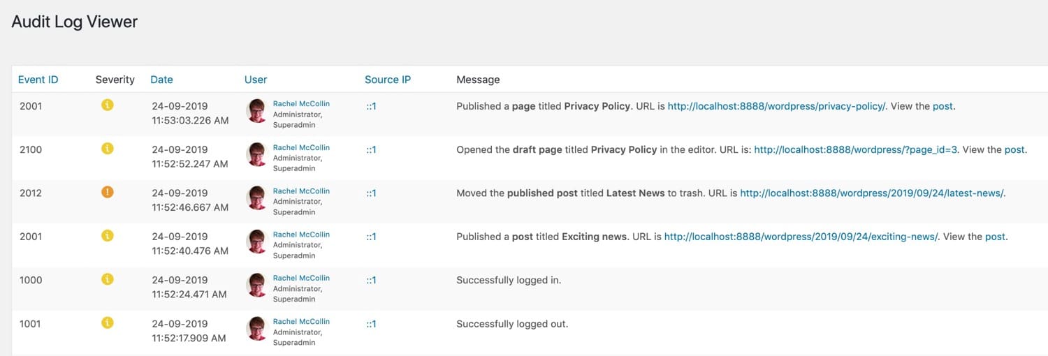 Registro de atividades do WordPress.