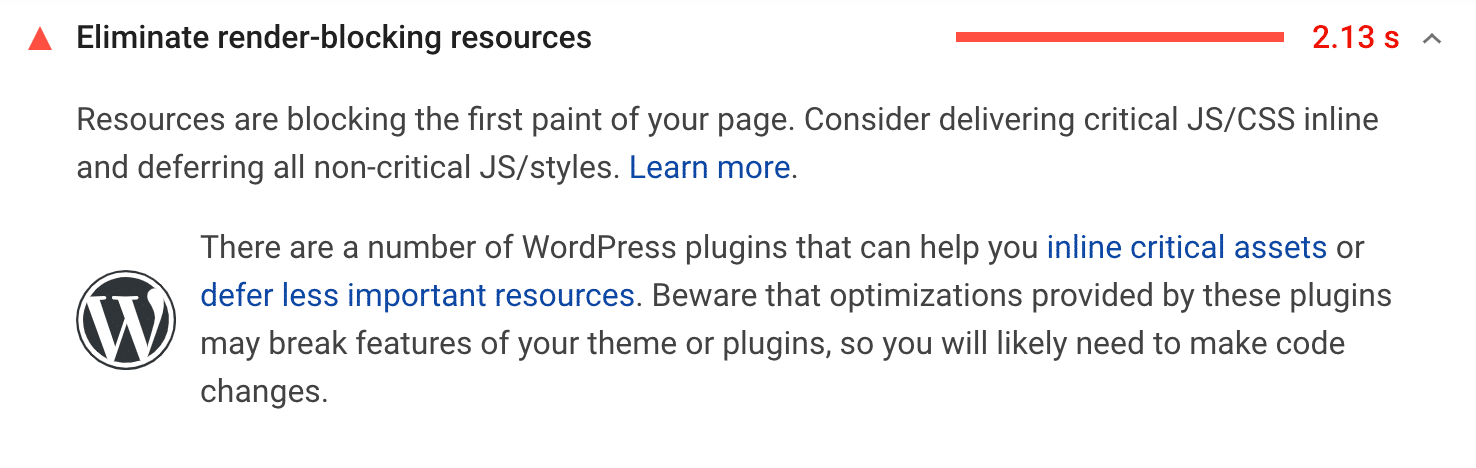 Recomendação para eliminar recursos que bloqueiam a renderização.
