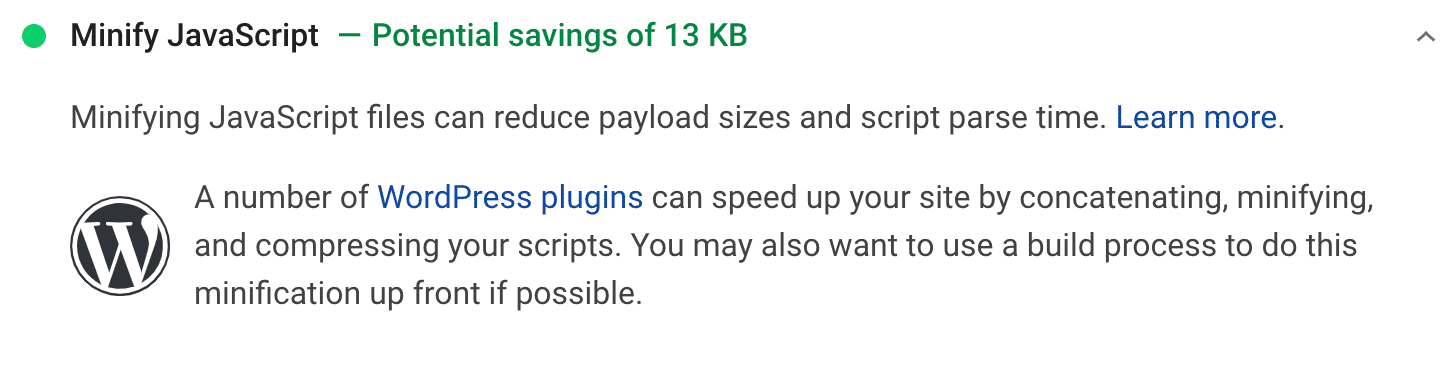 Recomendação para minificar JavaScript.