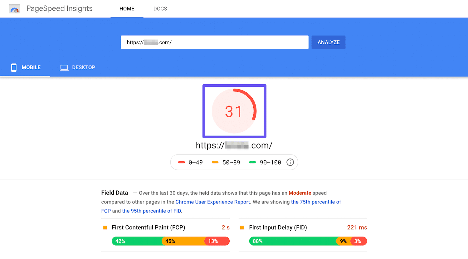 Pontuação do PageSpeed Insights.
