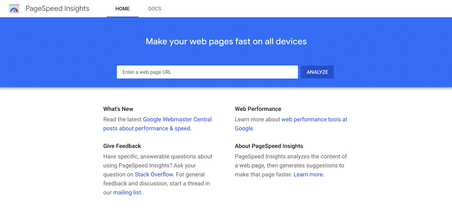 Página do GoogleSpeed Insights.