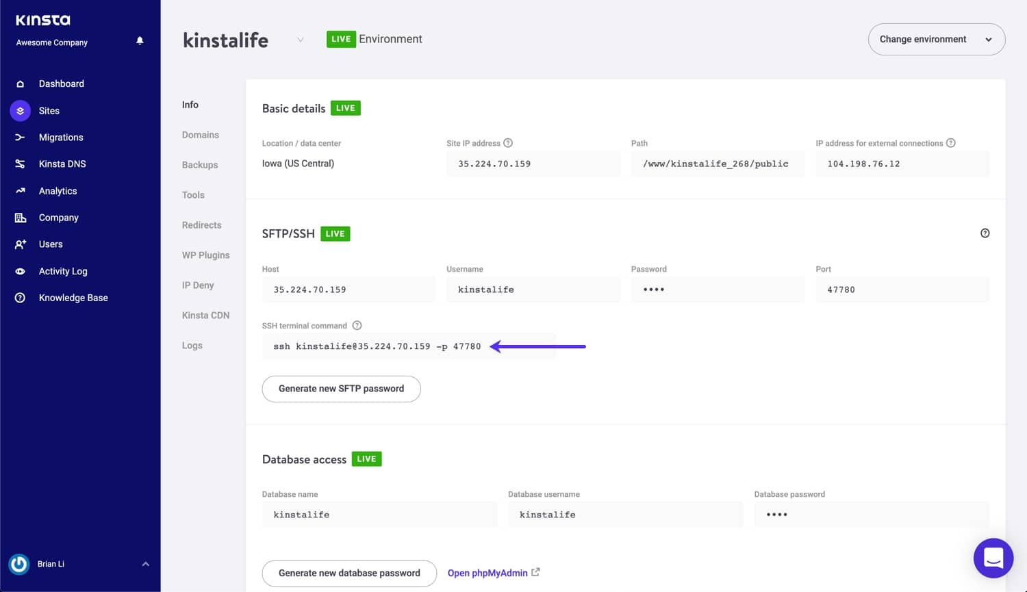 Comando terminal SSH em MyKinsta.