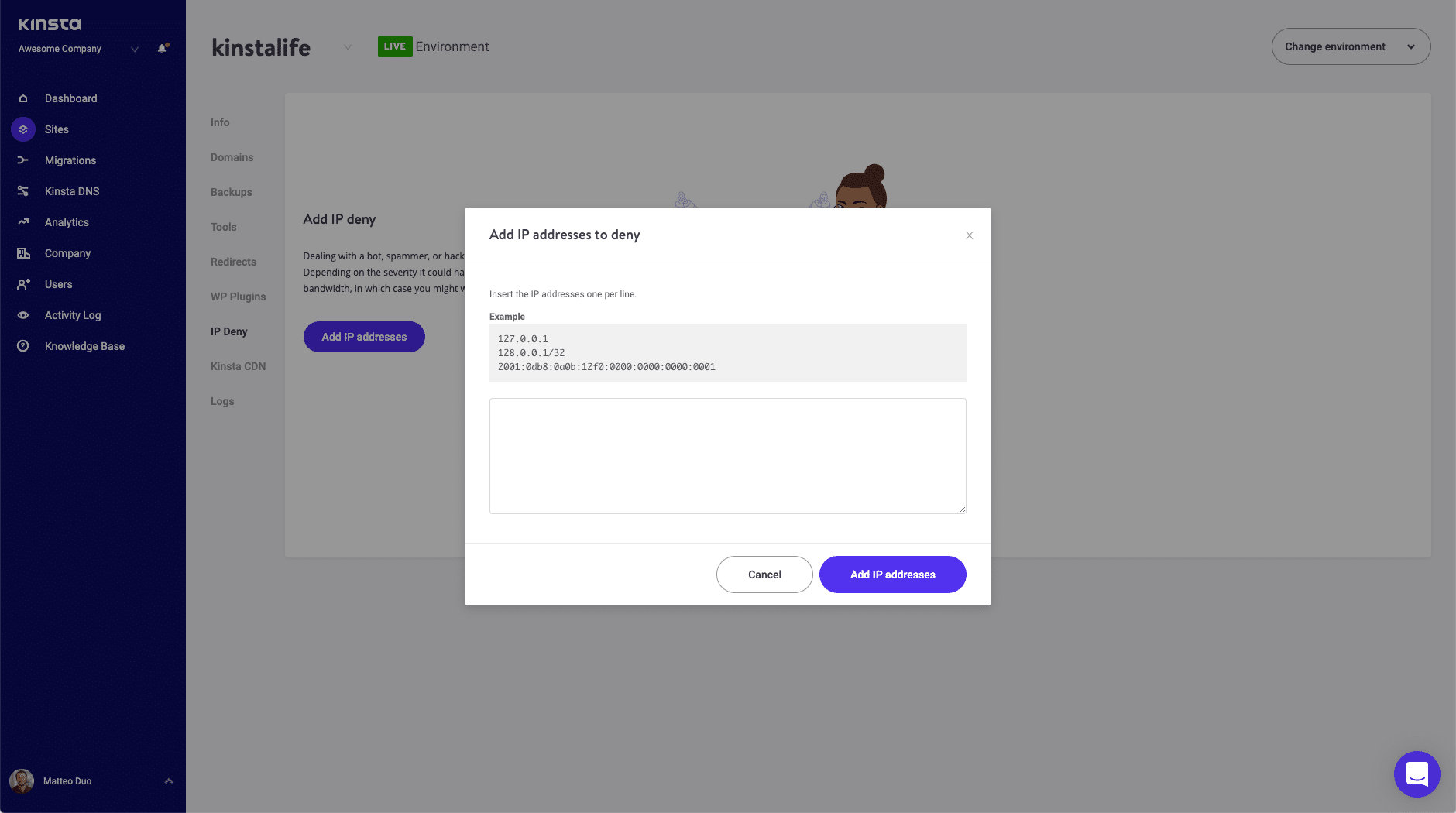 Como bloquear endereços IP com o MyKinsta