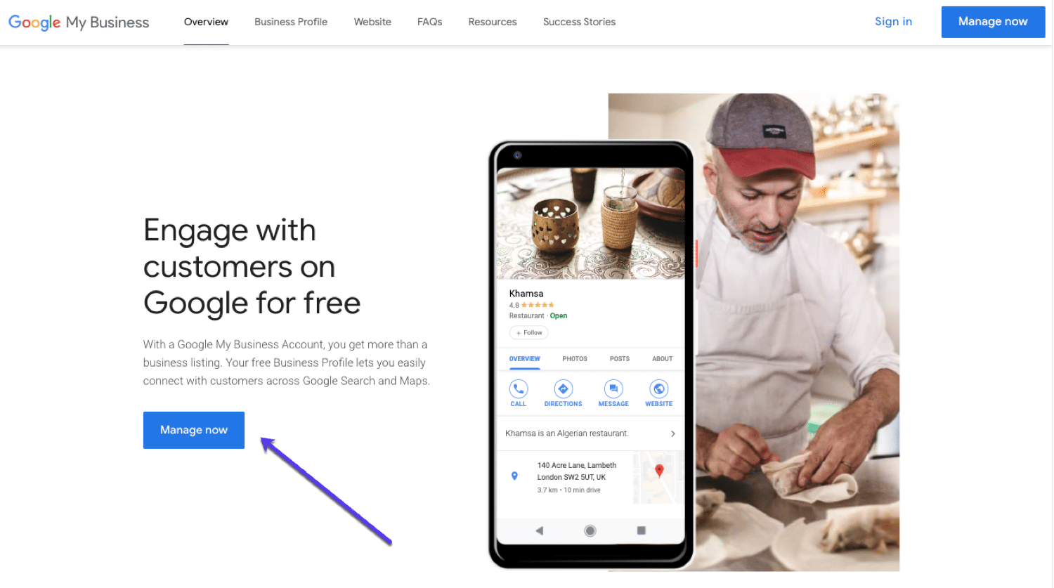 Página inicial do Google Meu Negócio, comece aqui para configurar sua conta