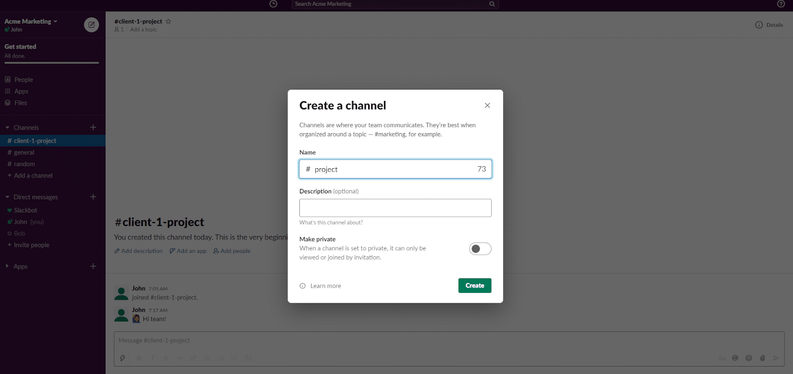 slack criar um canal