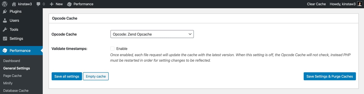 Habilitar o cache de código opcode no W3TC.