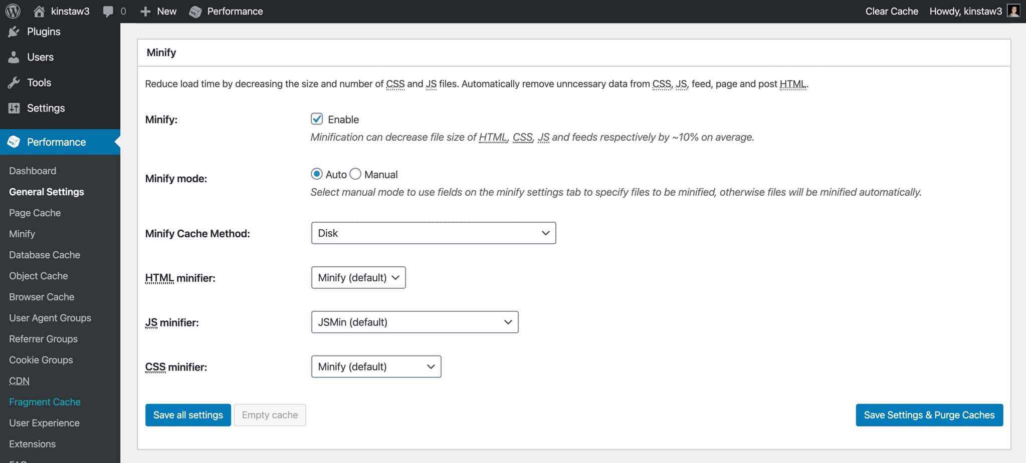 Minimizar os ativos HTML, CSS e JavaScript no W3TC.