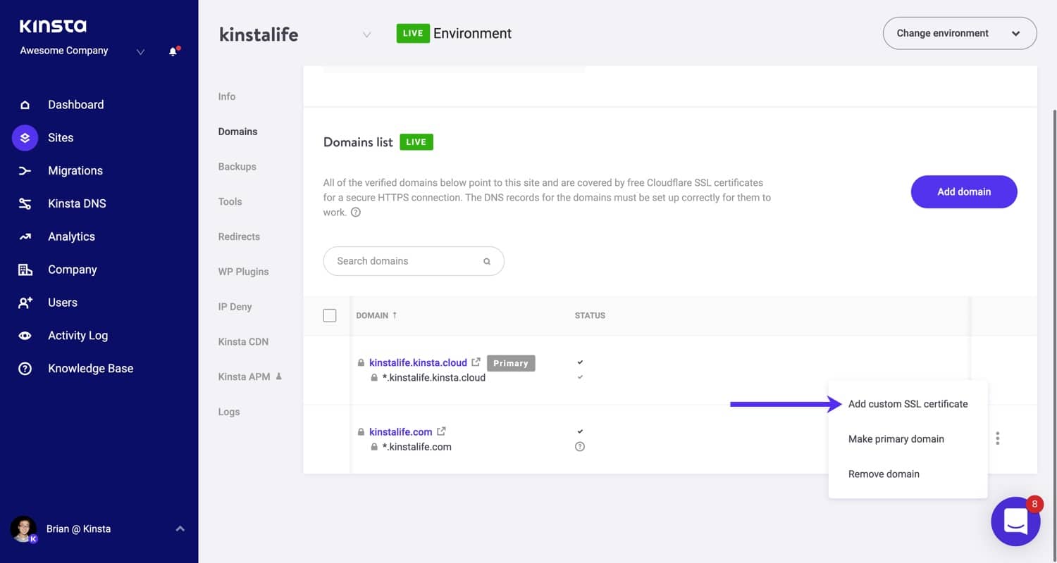 Adicione o certificado SSL personalizado.