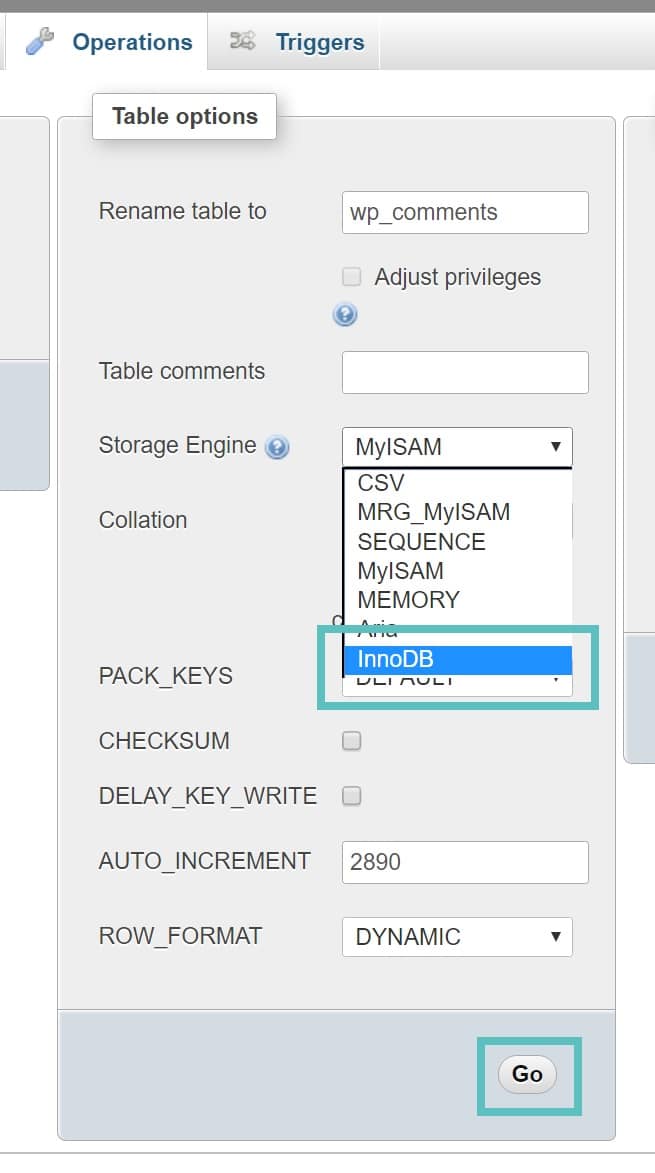 Zet myisam tabel om naar innodb phpmyadmin