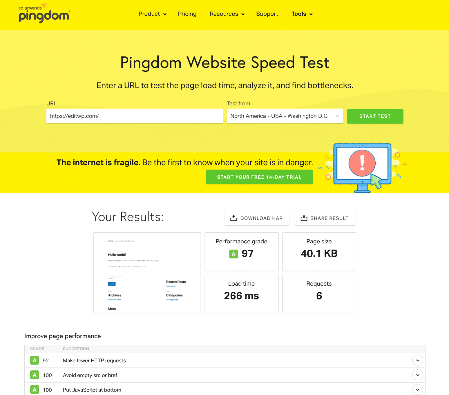 Pingdom website speed test tool