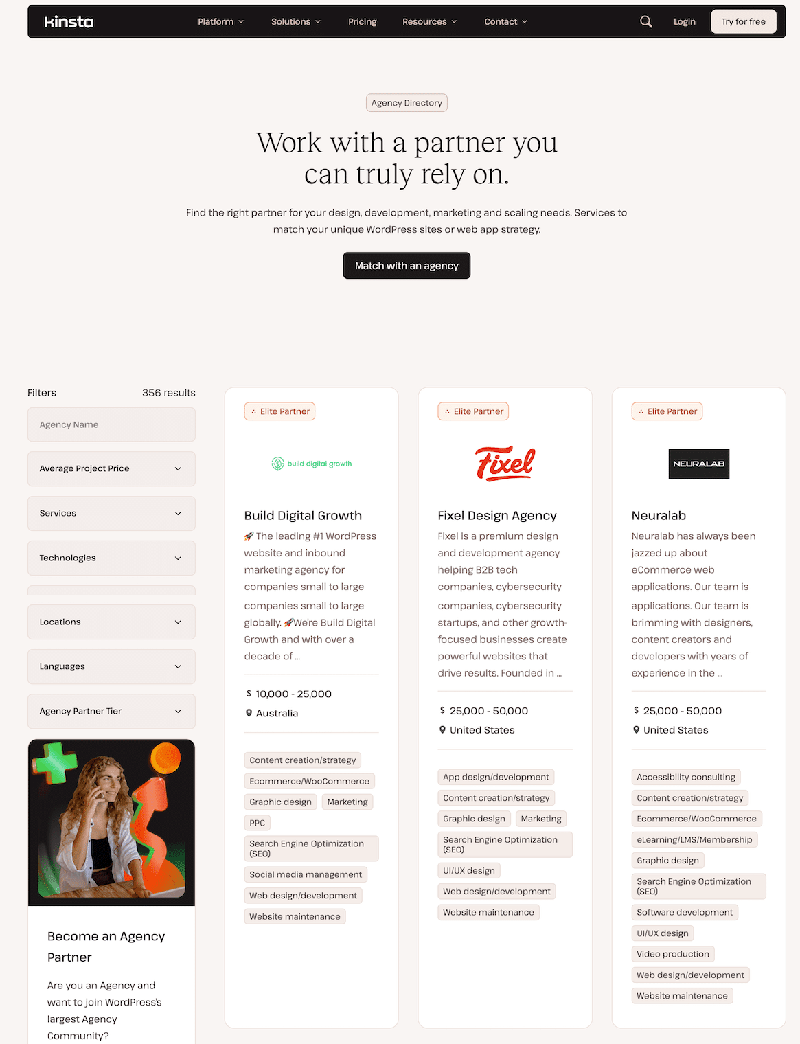 Kinsta Agency Directory page