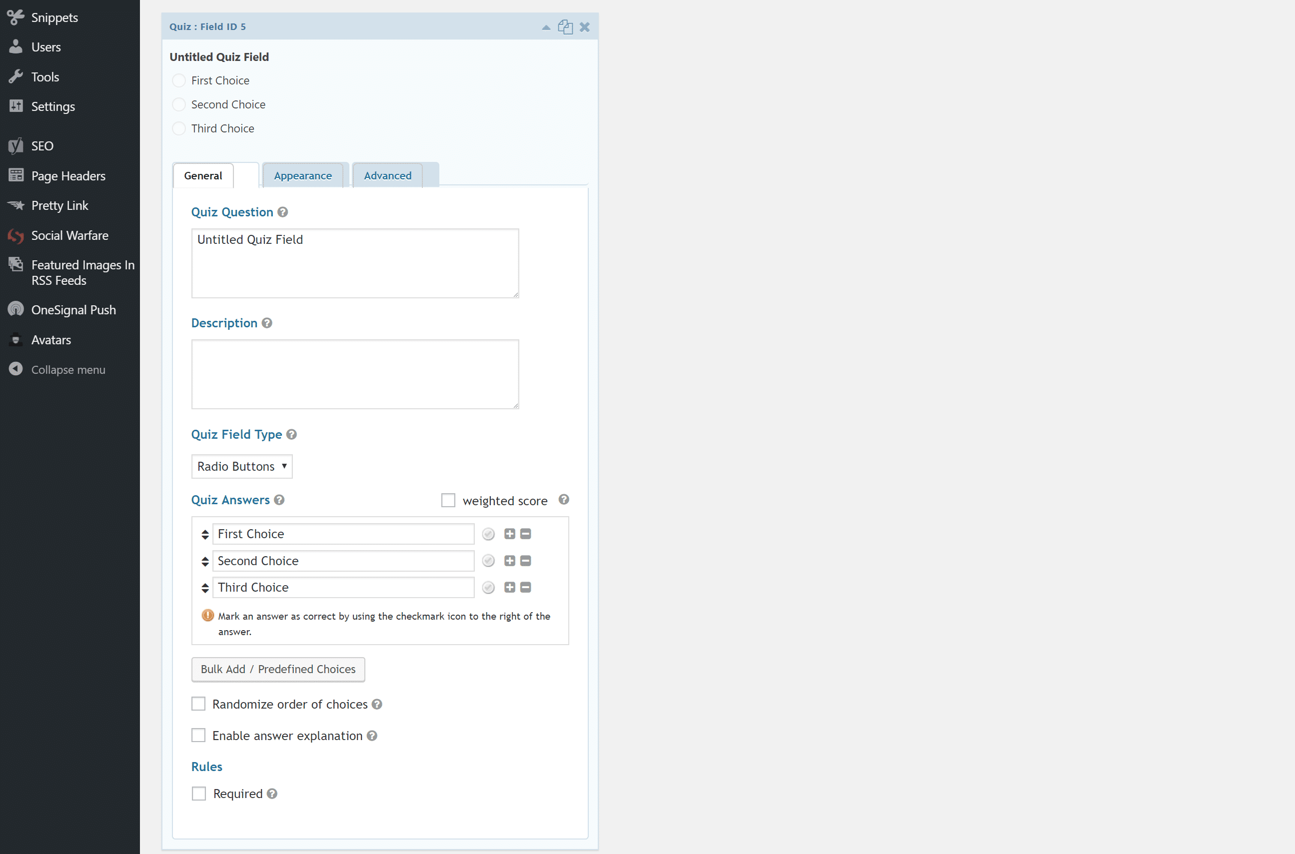 Gravity Forms Quiz optionen