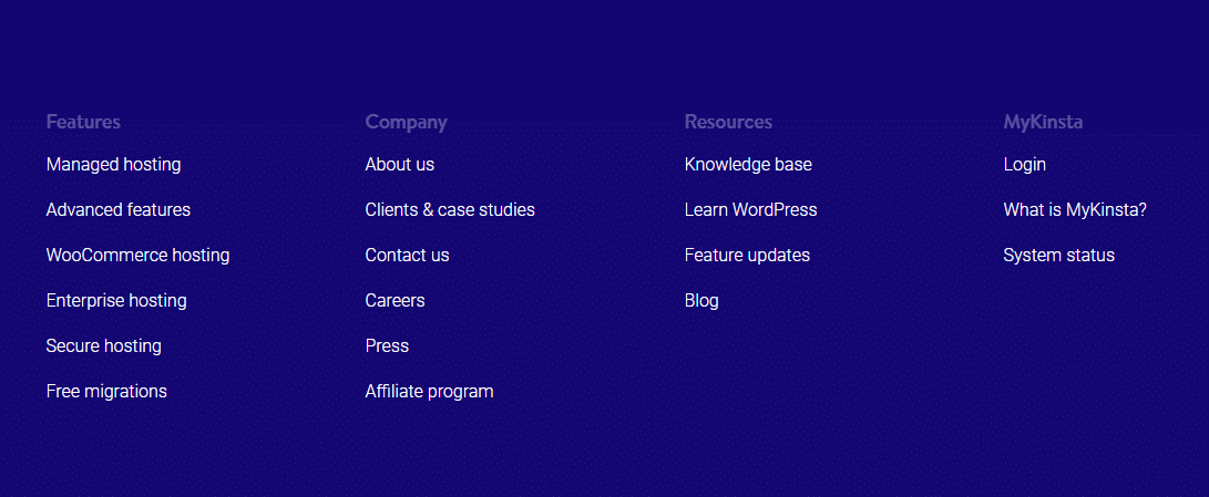 La sitemap di Kinsta nel footer