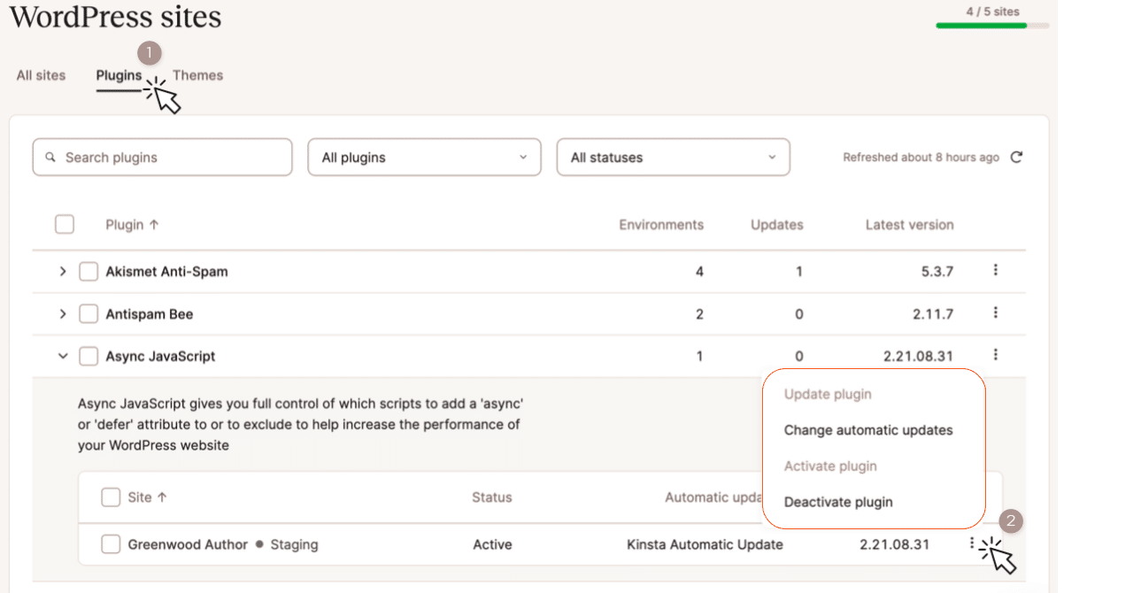 Screenshot of the MyKinsta dashboard with a plugin selected for deactivation.