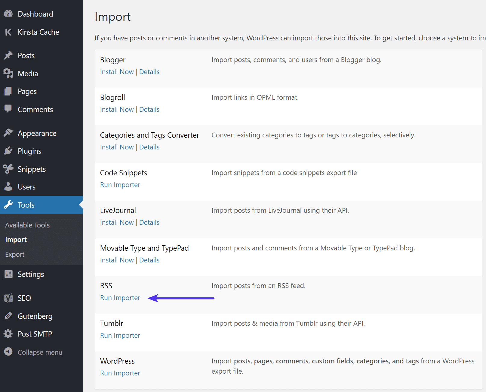 Clique no link RSS WordPress 