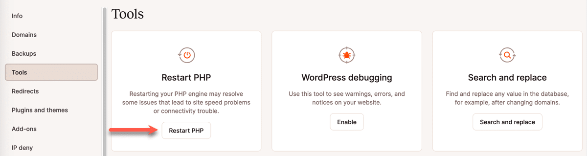 Screenshot of the Restart PHP tool in MyKinsta.