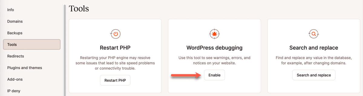 Screenshot showing the WordPress Debugging tool in MyKinsta.
