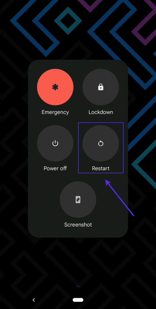 Captura de pantalla del menú de encendido de Android con una flecha apuntando al botón 