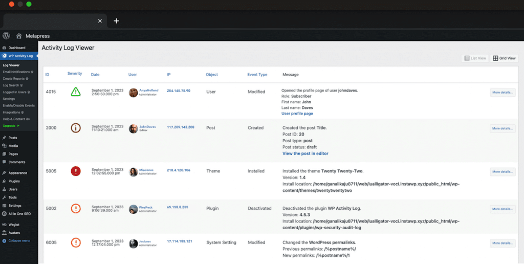 Een voorbeeld van de WP Activity Log plugin.