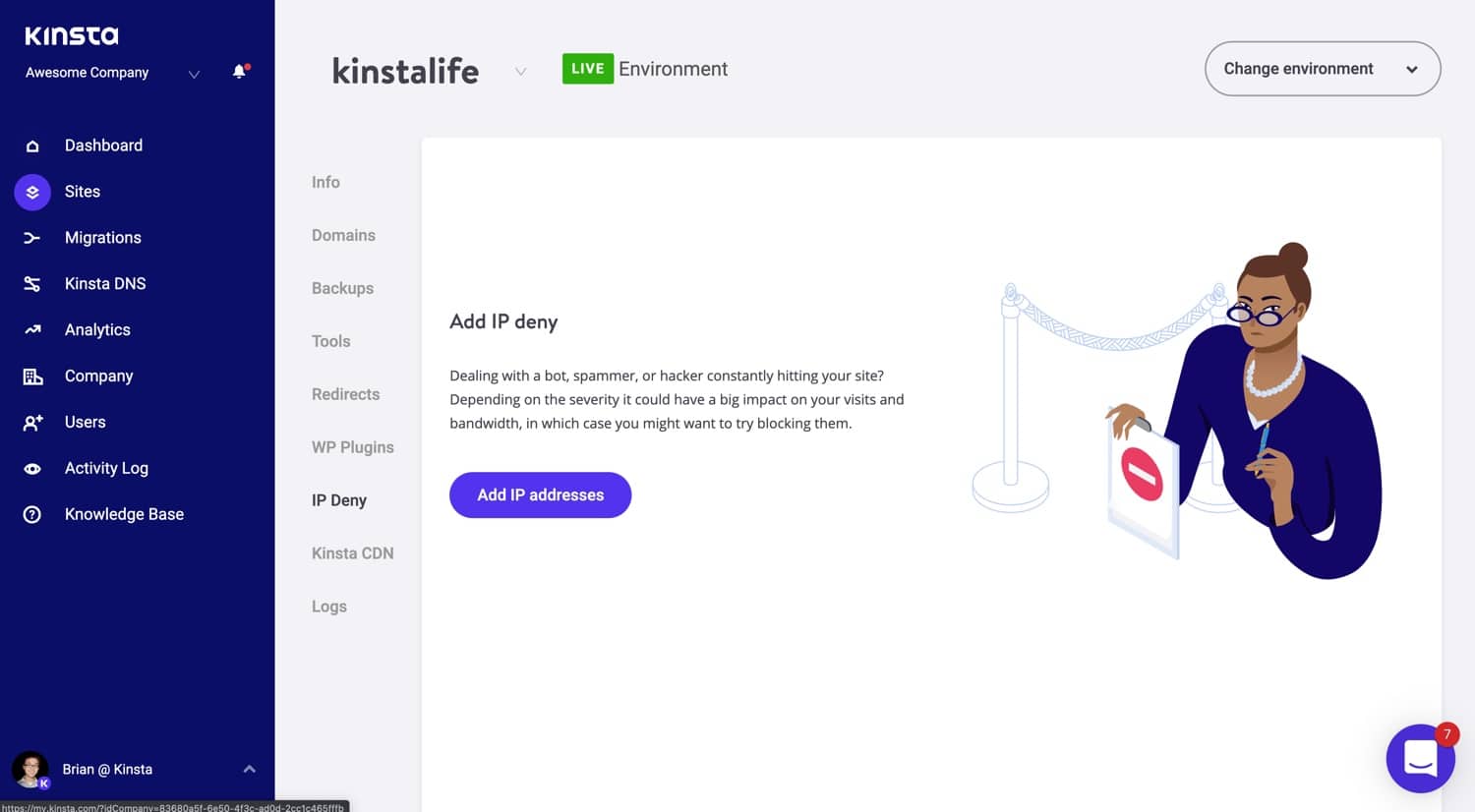A ferramenta de negação de IP no MyKinsta