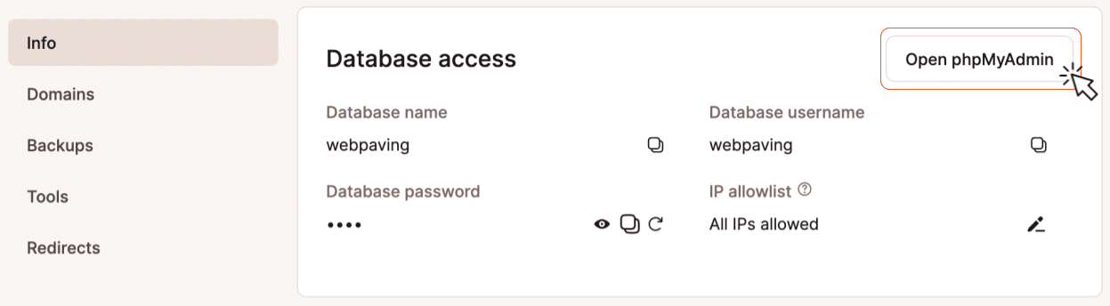 A screenshot showing database access details in MyKinsta.