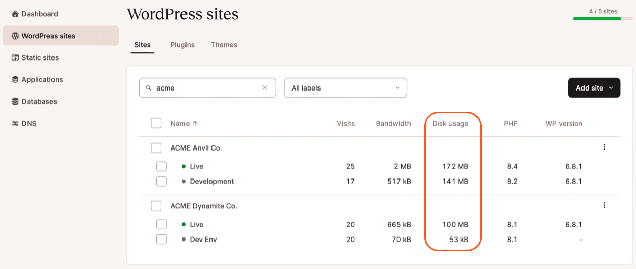 A screenshot showing the WordPress sites page in MyKinsta with disk-usage information visible.