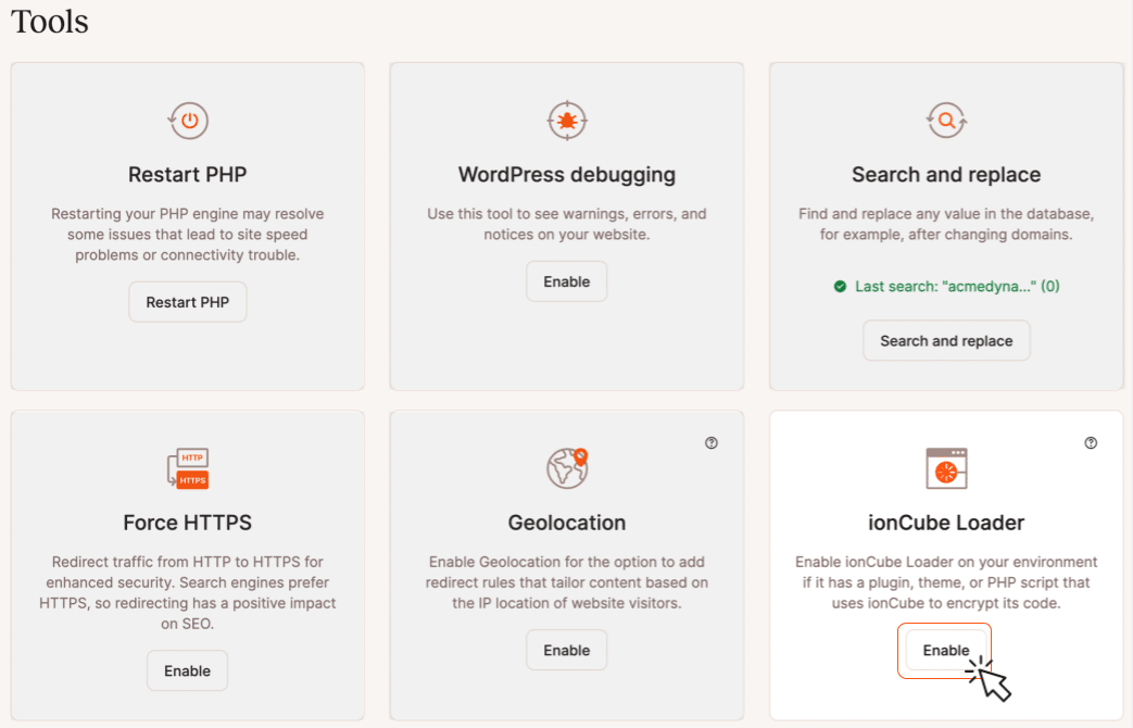 A screenshot of the ionCube loader option in the  MyKinsta Tools collection