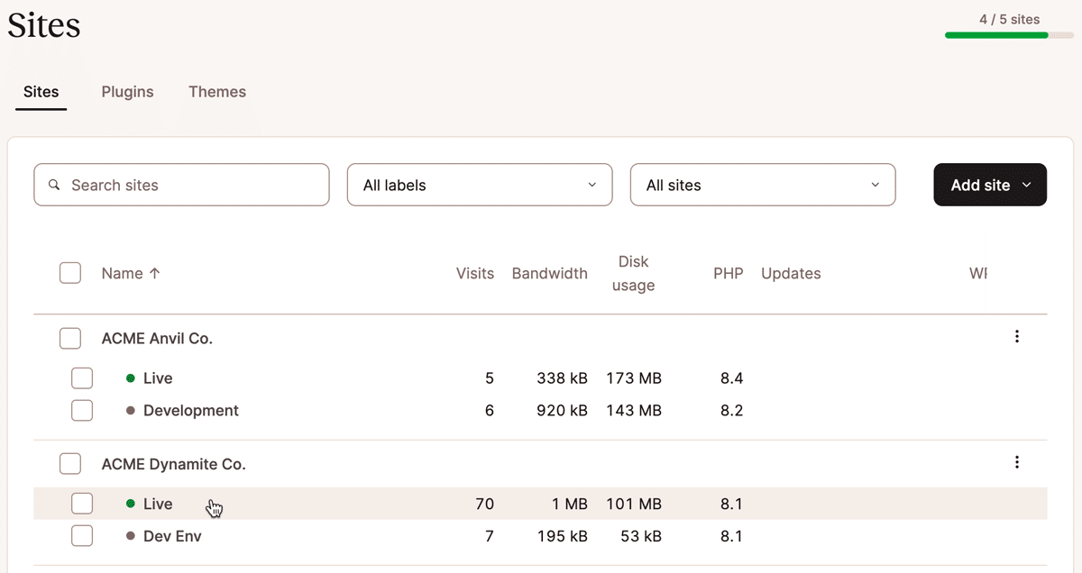 A screenshot showing the WordPress environments list within the MyKinsta dashboard.