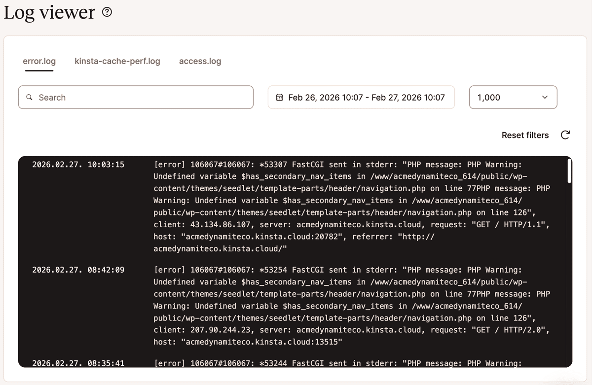 Screenshot of an error log displayed within the MyKinsta dashboard.