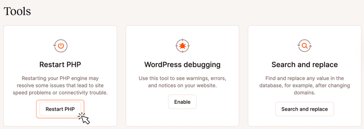 Screenshot: Restarting PHP using MyKinsta Tools.