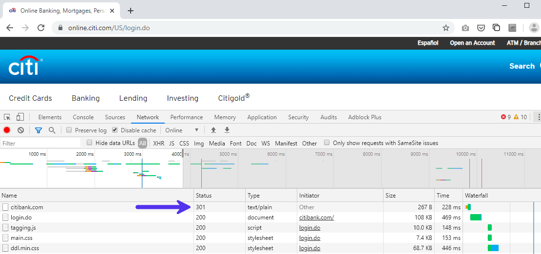An example of 301 Moved Permanently redirect to HTTPS version