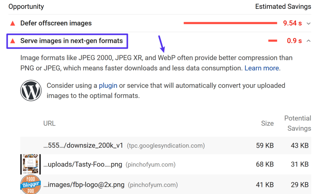 Google PageSpeed Insights sugiere utilizar imágenes WebP