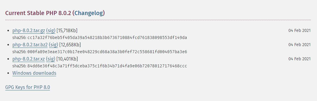 Pagina di download di PHP