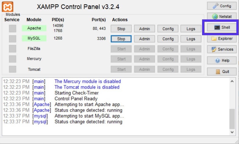 Gebruik de XAMPP shell om je root wachtwoord te wijzigen