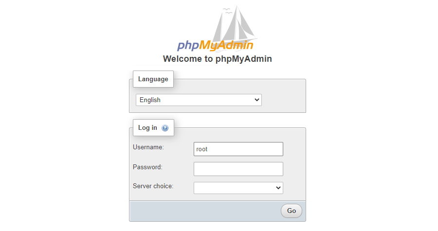 phpMyAdmin inlogscherm
