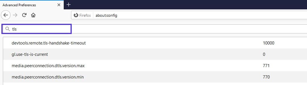 La barre de recherche de l'écran des préférences avancées de Firefox.
