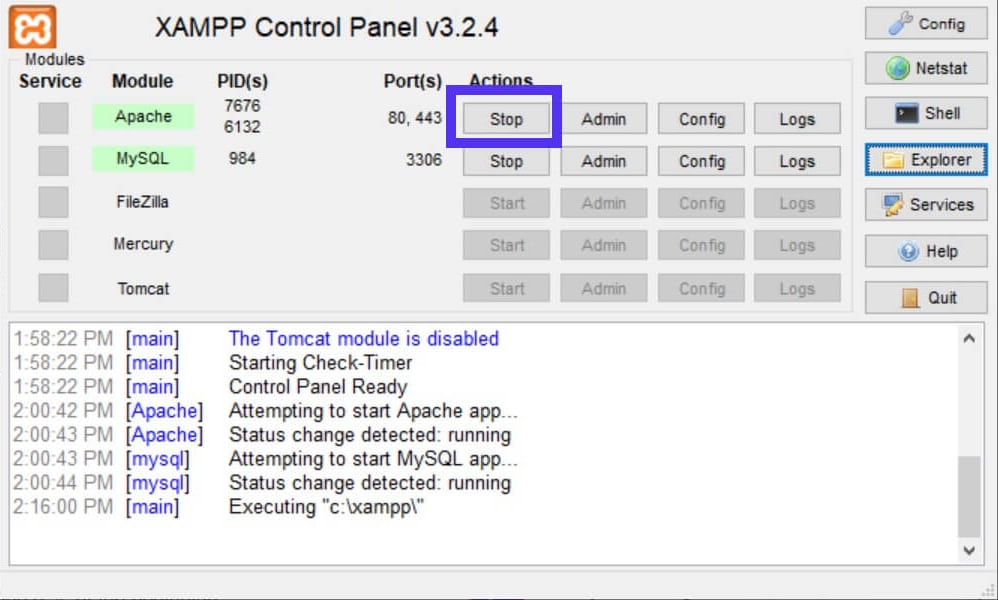 De XAMPP Stop knop om Apache te deactiveren.
