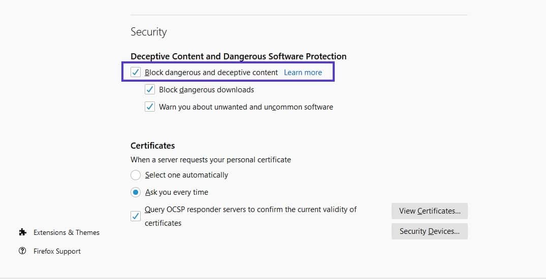 La section « Sécurité » des réglages de Firefox.