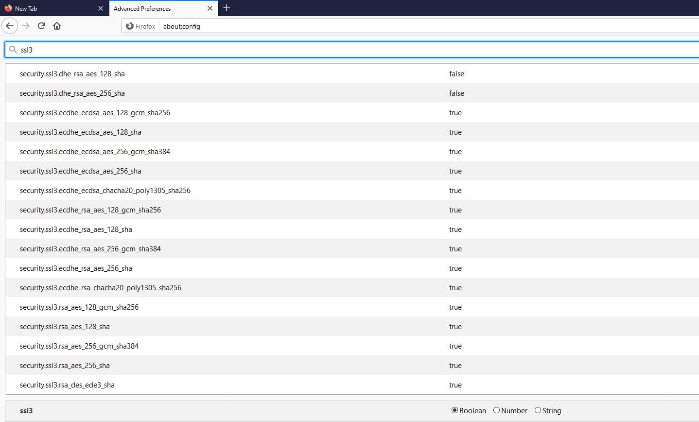 Une liste des configurations SSL3 dans Firefox.