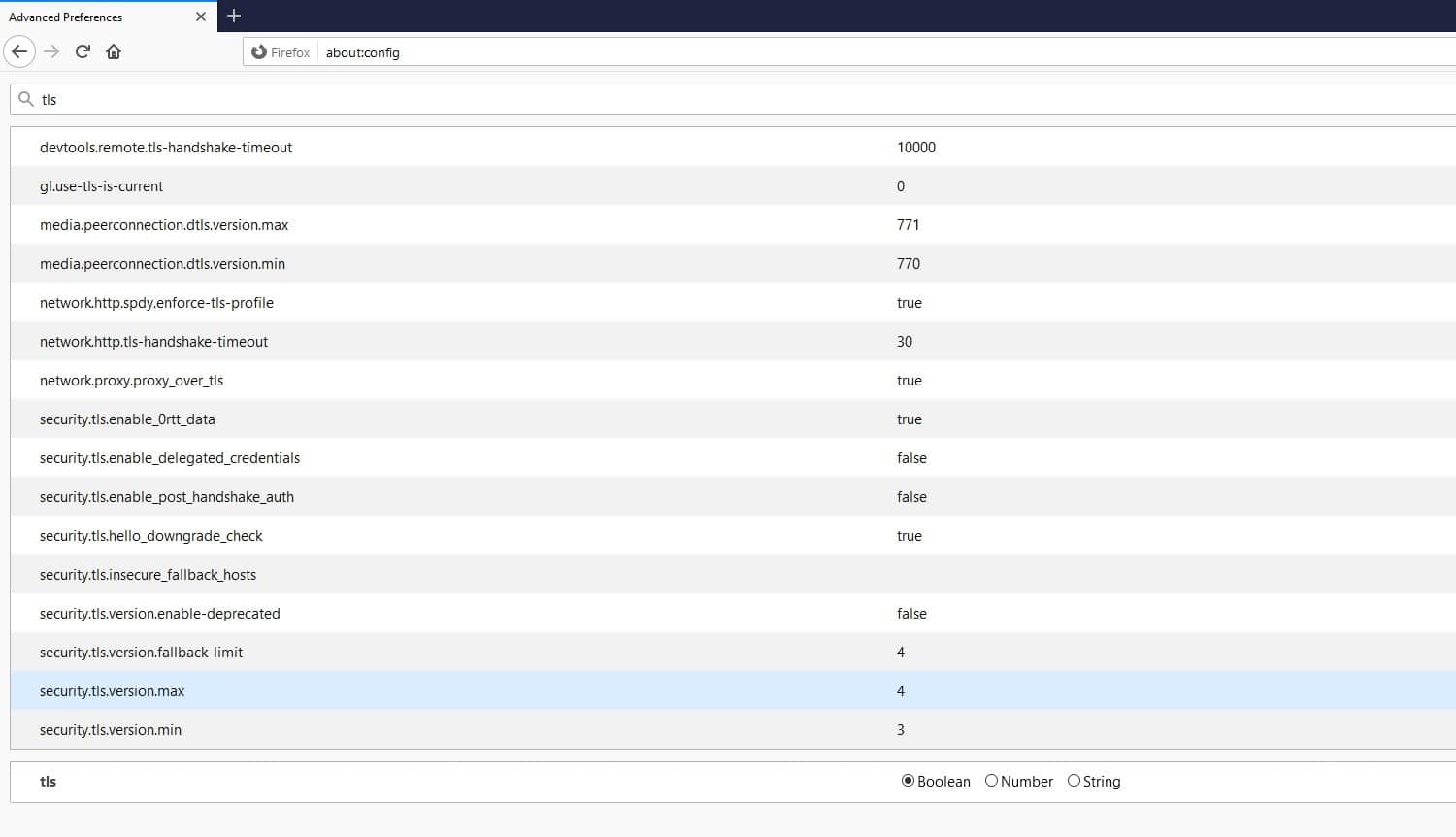 Une liste des configurations TLS dans Firefox.