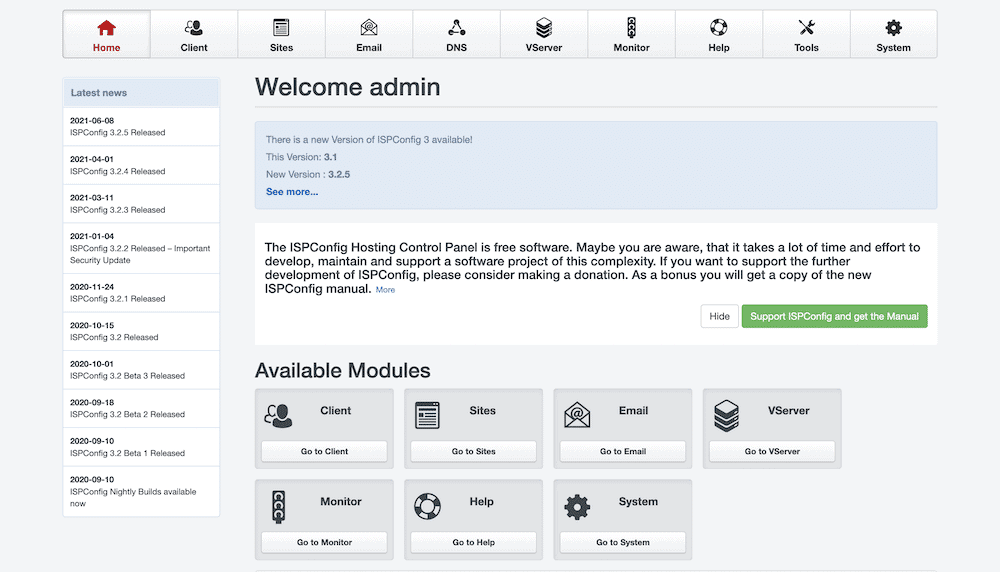 A interface ISPConfig.