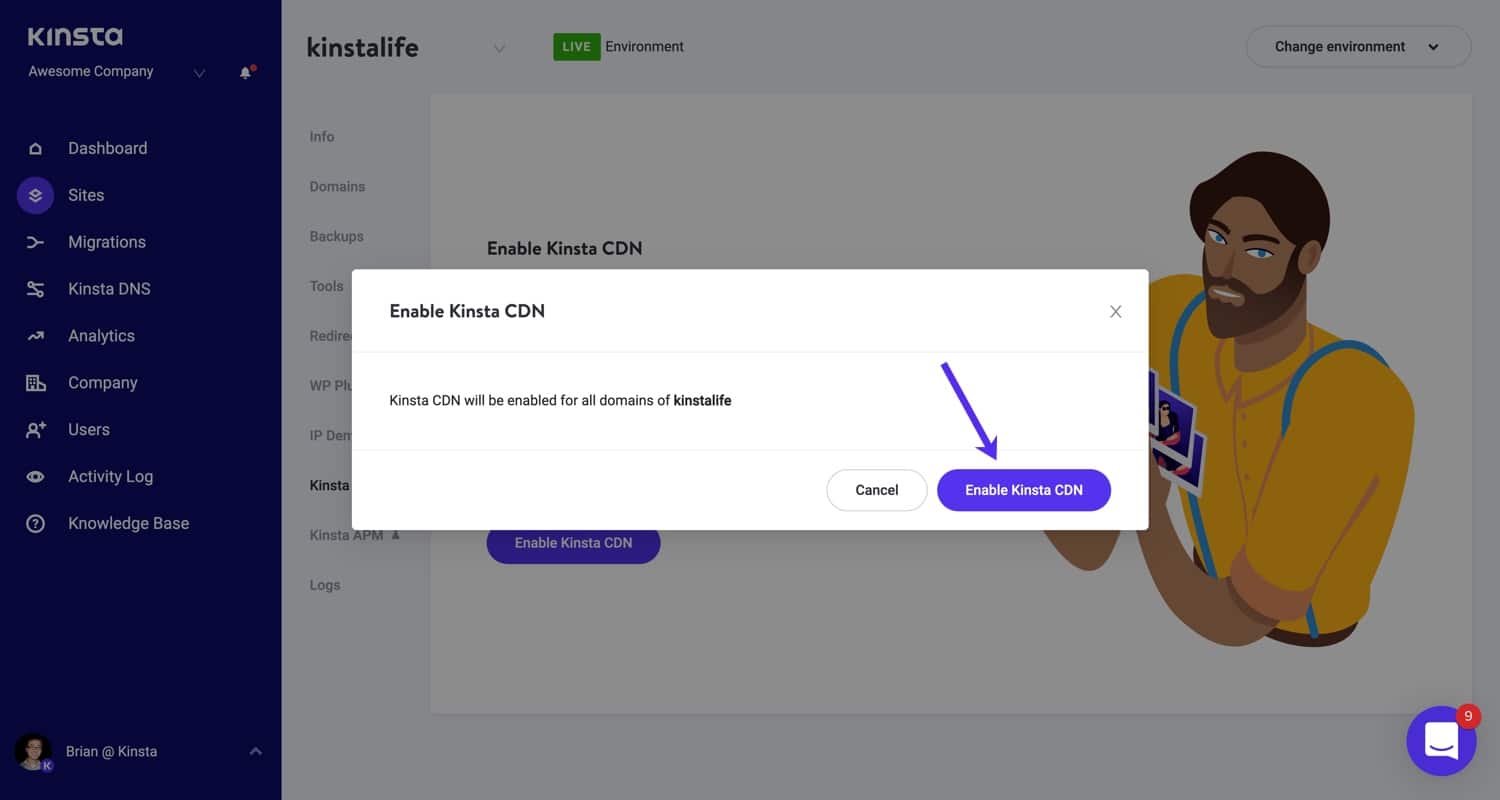 Bevestig dat je Kinsta CDN wil inschakelen