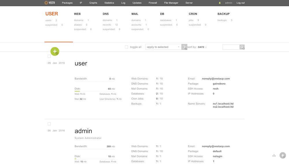 A interface VestaCP.