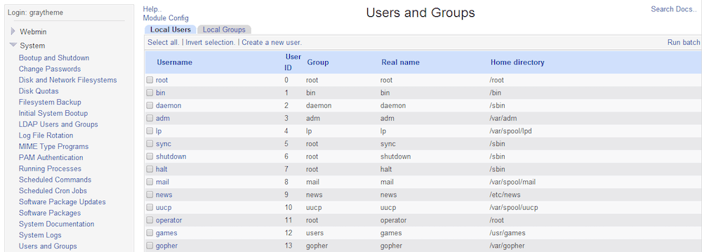 A interface Webmin.