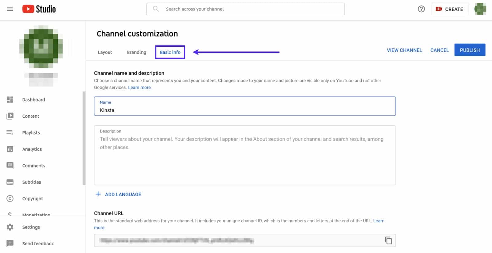Le bouton Informations générales pour mettre à jour le nom de la chaîne dans YouTube