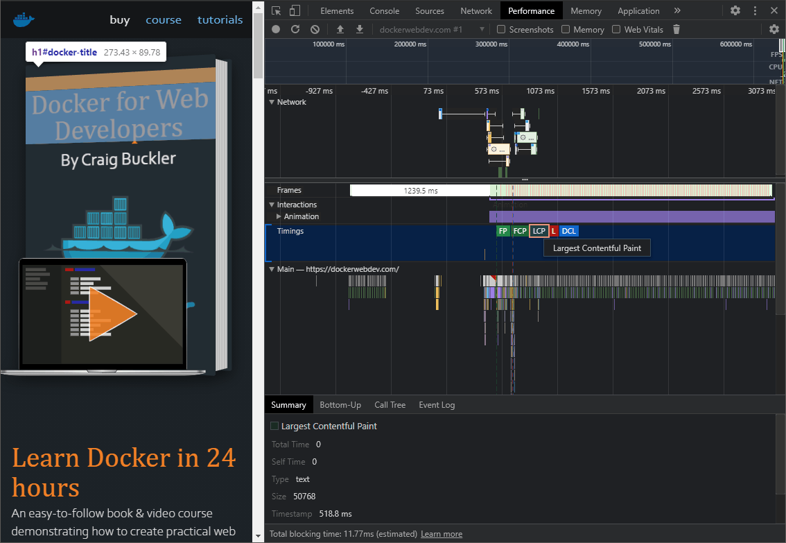 Indicador LCP del panel DevTools Performance.